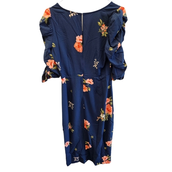 Vici SugarLips Life is Peachy Blue Floral Ruched Puff Sleeve Midi Dress NEW - Picture 4 of 6